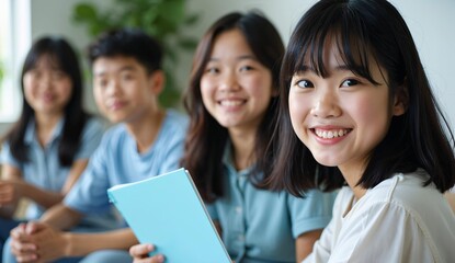 Group of smiling students in a classroom setting, one holding a tablet