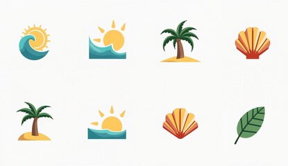 Obraz premium Set of beach-themed icons including sun, waves, palm trees, shells, and leaves
