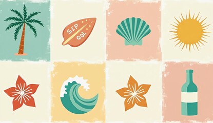 Tropical Icons: Palm Tree, Shell, Sun, Flowers, Wave, and Bottle