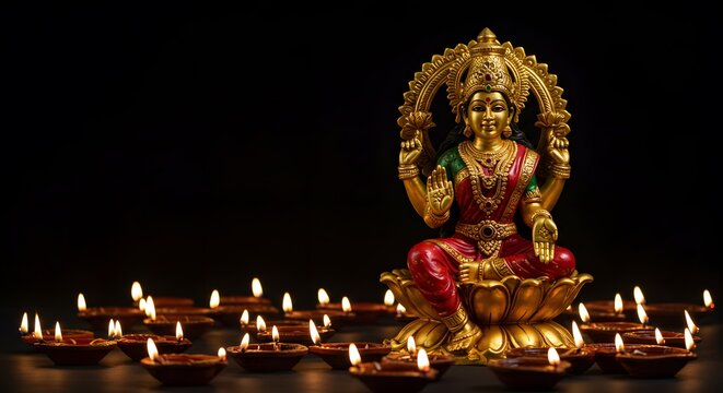The hindu goddess lakshmi sits serenely amidst a field of glowing diyas, illuminating the darkness with their warm, flickering flames during a traditional festival