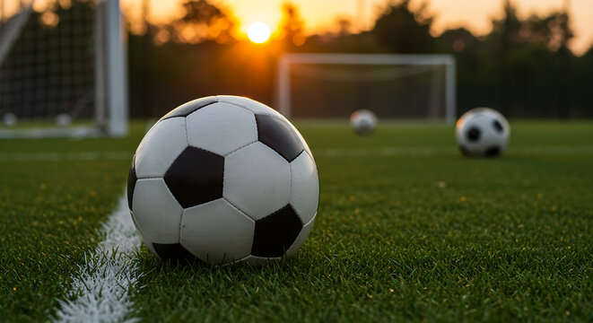A lone soccer ball prominently featured on a green artificial turf during a beautiful evening sunset