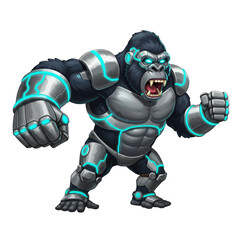 A powerful robotic gorilla with glowing blue accents stands ready for action displaying an intimidating expression.