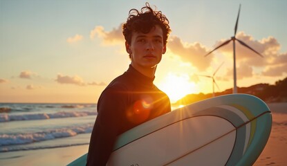 Surfer at Sunset with Wind Turbines in the Background