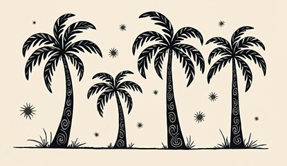 Silhouette of Four Palm Trees with Decorative Trunks and Stars in the Background