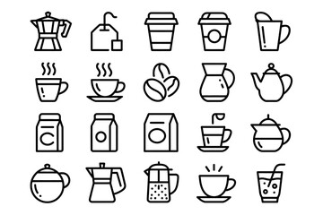 Collection of Coffee and Tea Iconography in Vector Format Representing Various Brewing Methods and Beverage Options with Modern Design