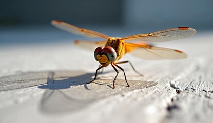 A close-up of a vibrant orange dragonfly resting on a textured surface