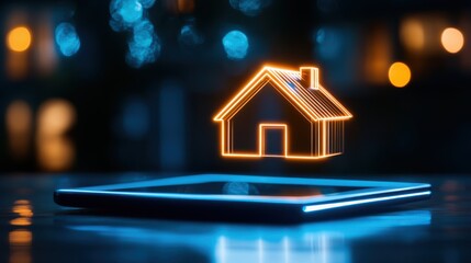 Concept of Smart Home Technology with Digital House Icon Over Tablet at Night with Bokeh Lights Background