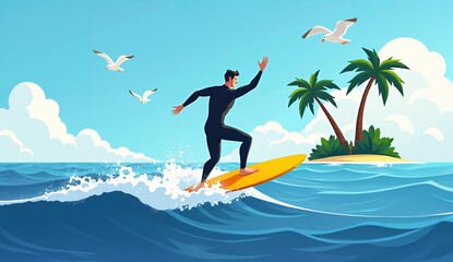 Surfer Riding a Wave Near a Tropical Island