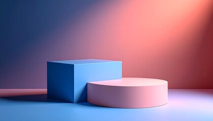 Minimalist geometric display with a blue cube and a pink pedestal, illuminated by a gradient background, ideal for modern product showcasing
