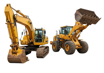 Ultra-realistic UHD photo of a heavy-duty yellow tracked excavator and wheeled front-end loader with operational wear, isolated on a transparent background with soft shadows, ample copy space.