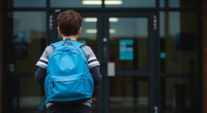 Boy with backpack standing in front of school building entrance
