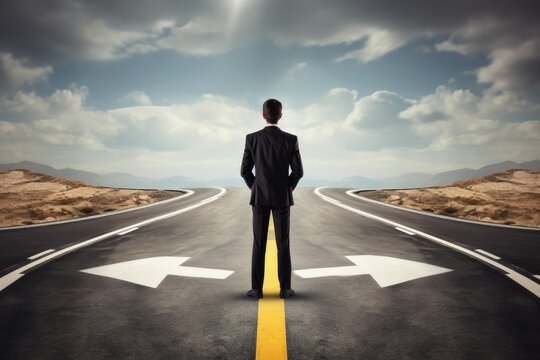 Businessman making decision standing at crossroad with two arrows pointing in different directions