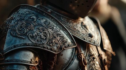 Detailed close-up of a medieval knight's ornate armor with floral engravings, metallic finish, dramatic lighting, concept of historical craftsmanship - Powered by Adobe
