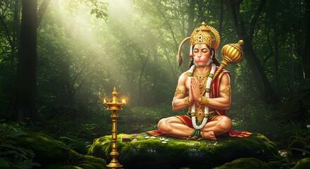 In a serene forest setting, lord hanuman, the hindu god of strength and devotion, sits in a meditative pose illuminated by divine sunbeams, with a traditional oil lamp nearby