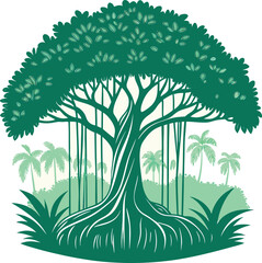 Majestic banyan tree with hanging roots in a tropical landscape