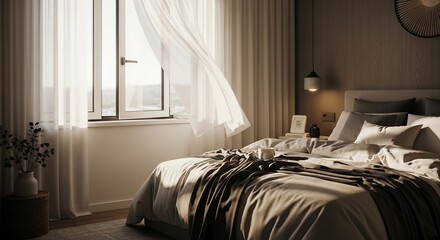 Serene bedroom bathed in soft light with flowing curtains and comfortable bedding