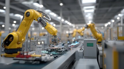 Fototapeta premium Automated Robotic Assembly Line in Electronics Manufacturing Factory