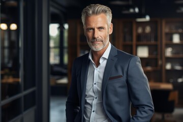 Fototapeta premium Successful mature executive posing in stylish suit in contemporary workspace