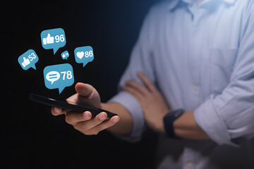 Person Holding Phone with Social Media Notification Icons Representing Online Engagement and Interaction