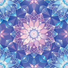 Intricate floral mandala pattern with blue and violet hues seamless ornamental design background for meditative and spiritual themes decorative geometric composition