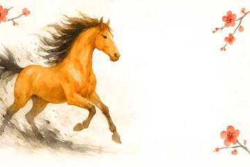 Artistic watercolor illustration of a galloping brown horse surrounded by vibrant red floral elements on a soft white background, evoking a blend of energy, beauty, and nature's elegance.