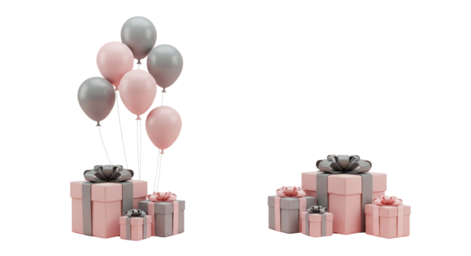 Gift boxes with ribbon bow and balloons isolated PNG with Transparent Background