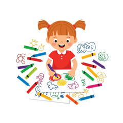 Little girl drawing with crayons on paper, surrounded by crayons and doodles, flat design, white background