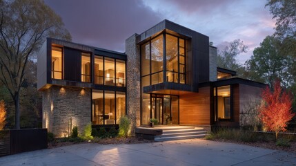 Bold Contemporary Architecture with Sleek Metal Accents at Dusk