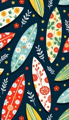 Colorful Surfboards with Floral Patterns on a Dark Background