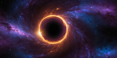 Obraz premium Fiery Ring Black Hole in Vivid Nebula Space with Glowing Event Horizon - Generative AI