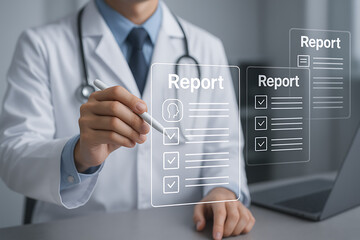 Doctor analyzing multiple digital health records with futuristic holographic panels in modern clinical environment