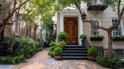 Fototapeta premium Charming Townhouse Exterior Surrounded by Lush Greenery in City