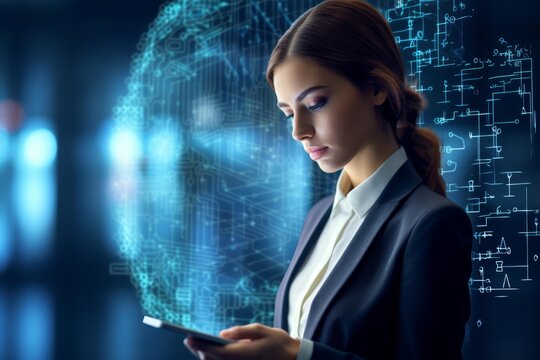Businesswoman using smartphone with futuristic global network hologram displaying data analysis and statistics