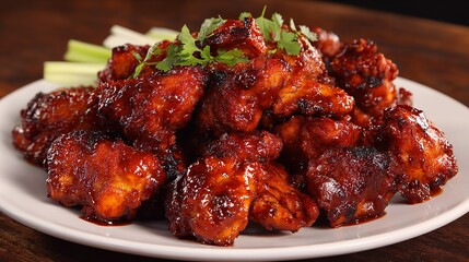 Delicious and visually appealing BBQ chicken wings with celery sticks on white plate