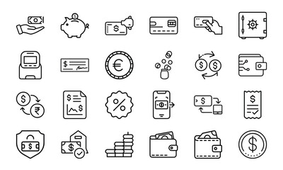 Minimal Finance and Payment Line Icons 24 Banking, Wallet, Transaction, Mobile Payment, and Security Vector Icons for Web and App UI Design