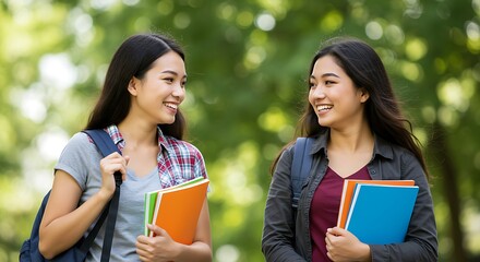 Fototapeta premium Two smiling Asian college students walking outdoors with books