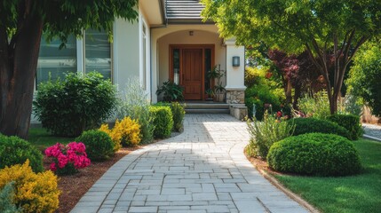 Obraz premium Beautiful Clean Paved Path Leading to Front Door of House