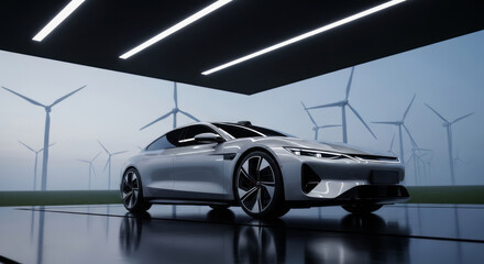 Sleek silver electric concept car showcased indoors with a backdrop of wind turbines, symbolizing sustainable future transportation.