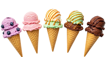 Assorted Ice Cream Cones With Swirls And Berries isolated on a transparent background blueberry