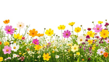 Fototapeta premium Vibrant cosmos flowers on white background, perfect for spring themed designs