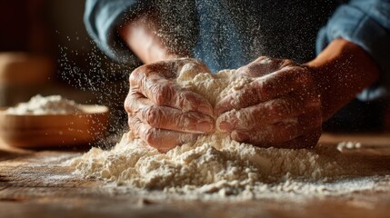 Close-Up of Hands Sifting Flour onto Wooden Table Surface