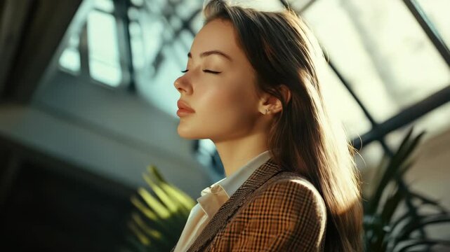 Portrait of a young adult female, stylish and poised. Dressed in a smart blazer with a crisp collar, she exudes confidence.