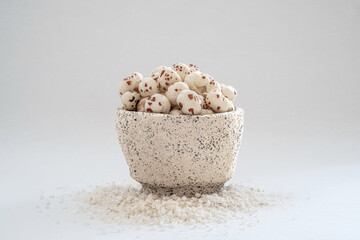 Close-up of a puffed lotus seed, makhana, an exotic vegetable ingredient