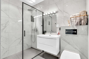 Modern bathroom interior in minimal scandinavian style, 3d render