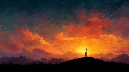 Medium close-up of a cross silhouette on a golden sunny background
