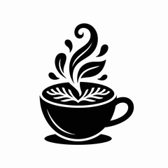Elegant Black and White Tea Cup Illustration with Leaf Design Aroma and Herbal Concept