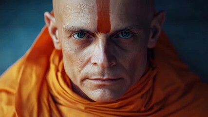 Meditative portrait of a spiritual Indian monk with red-orange markings on his face, signifying his devotion to asceticism and the pursuit of enlightenment.