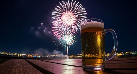 A frothy mug of beer sits on a wooden table, overlooking a vibrant fireworks display illuminating the night sky with bursts of color and light.