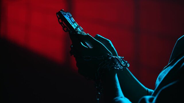 Hands Holding Smartphone Wrapped in Chains Symbolizing Digital Addiction