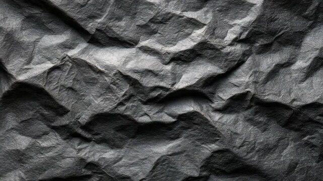 Crumpled black paper texture with sharp creases and shadows, realistic style on a flat background, concept of grunge or distressed material
